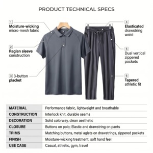 Conjunto de Dos Piezas Personalizado para Hombre, Camiseta de Manga Corta y Pantalones de Verano, Tejido de Poliéster Liso Teñido, 500g, Diseño Sólido - Product Image 3