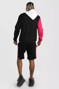 Conjunto de Sudadera con Capucha y Pantalones Deportivos para Hombre, Diseño Color Block, Negro, Rosa y Blanco, Manga Larga, Estilo Urbano, Corte Regular, Cierre con Cordón, Bolsillos Laterales - Product Image 3