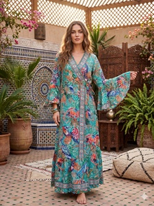 Vestido Largo Boho Y2K con Cuello en V, Manga con Volantes, Estampado Tropical, Cintura Natural, Corte Holgado, Vestido Cruzado de Verano para Mujer, Ropa Casual - Product Image 6