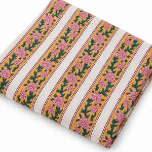 Tela de Algodón Voile Ligera, Tejida a Mano, Estampada con Bloques, 90GSM, Diseño Floral Rosa con Rayas Amarillas, Pinksa Fashion - Product Image 1