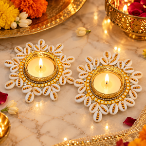 Ensemble de 2 porte-bougies décoratifs avec motif floral rose, perles et pierres, pour la décoration de la table de la salle de prière Diwali, décoration de la maison - Product Image 2