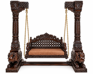 Columpio Jhula de Madera Tradicional Moderno Hecho a Medida con Pilares de Madera de Teca Tallada, Base de Elefante y Diseño de Respaldo Jali para Uso en Interiores - Product Image 3