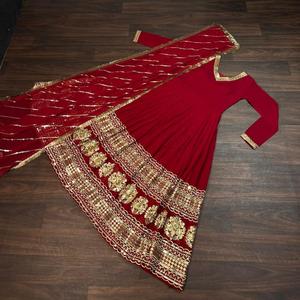 Traje Anarkali de Seda Rojo Granate con Bordado, Vestido Largo Tradicional Indio Pakistaní para Bodas, Vestido Holgado para Mujer - Product Image 4