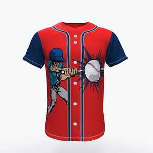 Camiseta de Béisbol para Hombre, Manga Corta, Roja y Azul, Estampado de Dibujos Animados, Cierre de Botones, Poliéster, Corte Regular, Ropa Deportiva para Todas las Temporadas - Product Image 1