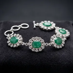 Magnificent Green Emerald Solid Silver Bracelet Elegant Party Wear Floral Halo Gemstone Bracelet Luxury Statement Jewelry Gift - Product Image 2