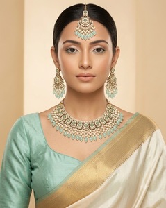 Handcrafted Round Stone Heavy Choker Necklace With Earrings And Mangtika Traditional Ethnic Designer Fashion Jewellery Wholesale - Product Image 5