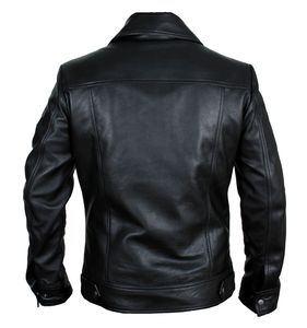 Blouson moto en cuir véritable noir pour homme, col rabattable, fermeture éclair, manches classiques, vêtement d'extérieur décontracté d'automne, en cuir de chèvre véritable pour homme. - Product Image 2