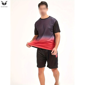 Men <b>Athletic</b> Running Fitness Gym Training Equipment Moisture-Wicking In Black With Red Color Compression T-Shirt And Shorts Set - Product Image 3