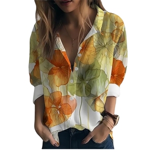 Camisa Western de Mujer con Estampado Floral, Cuello con Botones y Mangas Largas Enrolladas, Corte Holgado - Product Image 1