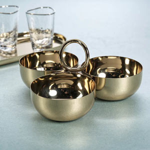 Luxury 3-Compartment Hammered Silver Relish Dish Decorative Triple Serving Bowl with Gold Flower Handle Elegant Metal Snack Bowl - Product Image 3