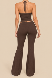Ensemble extensible 2 pièces marron pour femme, haut court à bretelles et leggings évasés, tenue décontractée, ensembles stretch ajustés pour femme - Product Image 2