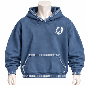 Sweat à capuche oversize bleu denim avec bordure cousue, effet vieilli, surpiqûres contrastées, poche kangourou, style streetwear moderne - Product Image 1