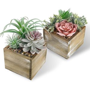 Set di 2 Piante Grasse Artificiali in Vasi di Legno con Fiori Rosa per Decorazione Bagno Stile Fattoria, Piante Verdi Decorative da Interno - Product Image 1