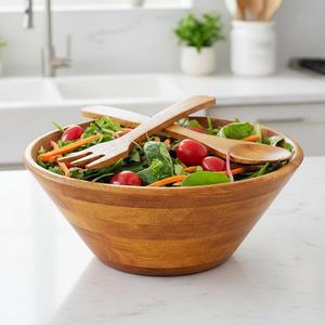 Juego de ensaladeras de madera ecológicas personalizadas con revestimiento de esmalte, tapa de almacenamiento empotrada, asa estampada a juego, cubiertos, para fiestas, moderno - Product Image 5