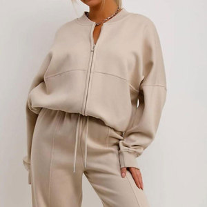 Women's Beige Tracksuit Set Full Zipper Crew Neck Long Sleeve Loose Fit Solid Color Casual Autumn Wear 100% Cotton - Product Image 5