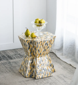 Mustard Yellow <b>Grey</b> White Faceted Hourglass Stools Mother of Pearl Handcrafted Mosaic <b>Small</b> <b>Side</b> <b>Table</b> Living Room Decor Use - Product Image 3