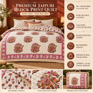 Couette imprimée au bloc de Jaipur |   Couvre-lit réversible en coton King Size avec rembourrage en coton pur, couvre-lit matelassé à la main, couvre-lits de qualité supérieure - Product Image 5