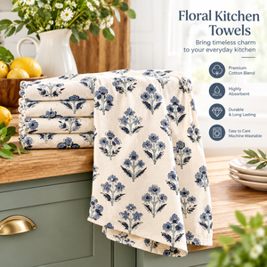 Wholesale Cotton Kitchen <b>Towels</b> Set of 2 Floral Block Print Tea <b>Towels</b> 18x25 Inch | Blue Decorative Machine Washable Dish <b>Towels</b> - Product Image 4