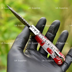 Canadian Flag Handle Custom Damascus Steel Folding Knife Razor Sharp Pocket Hunting Knife Leather Sheath OEM ODM Manufacturer - Product Image 5