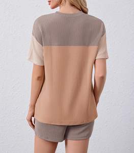 Conjunto de 2 Piezas para Mujer, Tejido de Punto Acanalado con Bloques de Color, Transpirable, con Estampado, Cuello Redondo, Manga Corta, Informal, para Primavera/Verano - Product Image 5