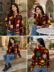 Hand Embroidered Corduroy <b>Jacket</b> <b>Mandarin</b> <b>Collar</b> Full Sleeve Zipper Closure Summer Vacation Style Women's <b>Jacket</b> - Product Image 6