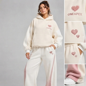 Conjunto Deportivo Informal para Mujer, Sudadera con Capucha Extra Grande Color Crema Rosa, Pantalones Jogger de Pierna Ancha, Conjunto de Dos Piezas - Product Image 6