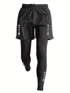 Black 2-Piece Sporty Solid <b>Mid</b> Waist Quick Dry Running Shorts Set with Elastic Waist Compression Leggings Athletic Training Wear - Product Image 3