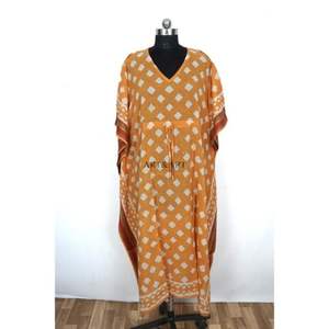 Vestido Largo Kaftan con Estampado Artesanal de Jaipur, Vestido Maxi de Algodón con Borde, Vestido de Verano con Cuello en V para Ella, Regalo de Halloween, Vestido de Playa - Product Image 1