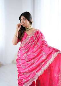 Sari indien élégant en satin de soie avec broderie de sequins, idéal pour les mariages et les fêtes traditionnelles, drapé avec accents roses HK 80 DC - Product Image 5