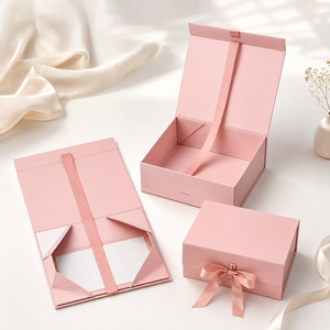 Boîte cadeau magnétique rose avec nœud en satin pour ensemble de cosmétiques et de soins de la peau, emballage personnalisé avec logo - Product Image 4