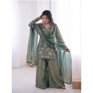 Conjunto Kurti Palazzo Elegante para Mujer en Oferta con Bordado Rico, Dupatta de Seda y Borde Decorativo de Encaje, Colección de Moda - Product Image 1
