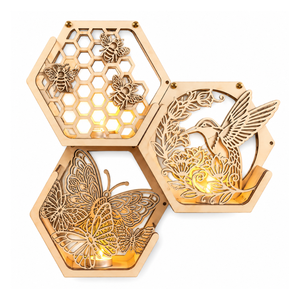 Laser Cut Hexagon <b>Wall</b> Light | Wooden LED <b>Wall</b> Lamp | Nature Inspired Decorative <b>Wall</b> <b>Sconce</b> | Butterfly & Hummingbird Wooden - Product Image 1
