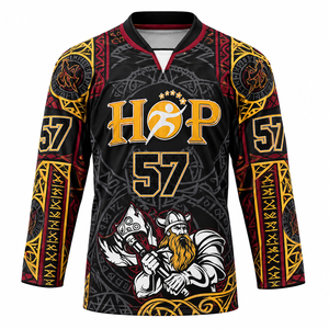 Maillot de hockey sur glace personnalisé sublimé, motif Viking noir, rouge et or, col en V, manches longues, uniforme d'équipe en mesh - Product Image 5