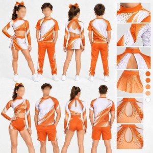 Ensemble d'uniformes de danse et de cheerleading personnalisés en polyester à col montant, orange et blanc, avec strass, unisexe, pour scène - Product Image 1