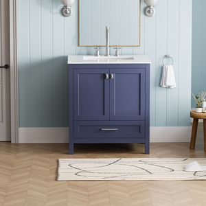 Mobile Bagno Blu Navy 24V03 30NB Completamente Assemblato, Mobile Lavabo da 30 Pollici con Piano in Marmo - Product Image 1