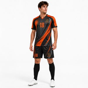 Ensemble de maillot de football personnalisé orange et noir, maillot sublimé, short, col en V, évacuation de l'humidité, extensible dans quatre directions, respectueux de l'environnement, adulte - Product Image 4