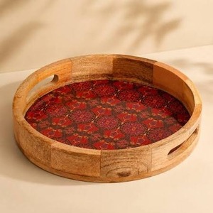 Plateau de service rond en bois poli avec poignées, fait main, motif rouge, plateau décoratif pour servir les aliments, pour la cuisine - Product Image 1