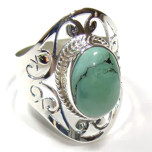 925 Sterling Silver Turquoise Gemstone Ring Bezel Setting Vintage Style Unisex Jewelry Everyday Wear - Product Image 1