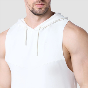 <b>Men</b> <b>Sleeveless</b> Hooded Knitted Tank Top Solid White Regular Fit Casual Summer Gym Wear - Product Image 5