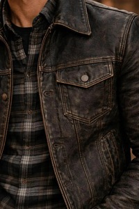 Mens <b>Vintage</b> Black Genuine Leather <b>Jacket</b> Distressed <b>Motorcycle</b> Western Trucker Style - Product Image 3