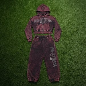 <b>Women</b> Solid Embroidered Washed Cropped Zip-Up Hoodie and Wide-Leg <b>Jogger</b> Pants Belt Two-Piece Tracksuit <b>Set</b> - Product Image 5