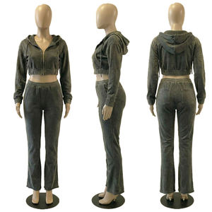 Ensemble de survêtement en velours pour femme, veste courte zippée et pantalon large, deux pièces, style streetwear décontracté - Product Image 4