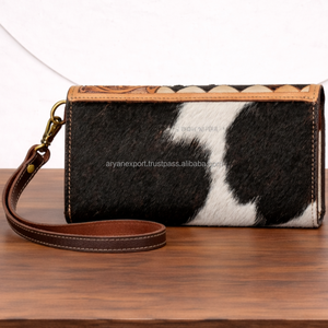 Hand-Tooled Hair On Leather Women Wallet Clutch Long Western Style Checkered Design Cowgirl <b>Wristlet</b> Purse With Turquoise Stone - Product Image 5