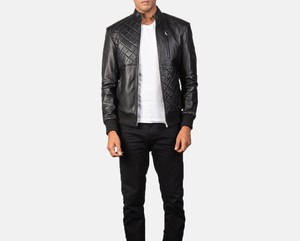 <b>Men's</b> Black <b>Leather</b> Bomber <b>Jacket</b> Stand Collar Zipper Closure Quilted Design Moto Style Autumn Wear - Product Image 2