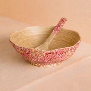 Scalloped Bamboo Salad Bowl with Eggshell Lacquer <b>Serving</b> Set with Spoon and Fork Kitchenware Bamboo <b>Serving</b> Bowls from Vietnam - Product Image 2