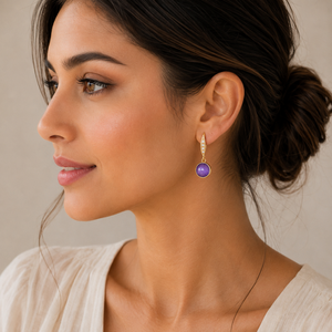 Boucles d'oreilles en argent sterling 925 plaqué or 18 carats avec améthyste de 11 à 12 mm et zircon, forme ronde, monture en fil d'oreille. - Product Image 6