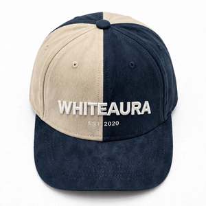Whiteaura 6-Panel Snapback Cap Beige <b>Navy</b> Color Block 3D Embroidered Logo Unisex Adjustable Casual Street Style Velour <b>Hat</b> - Product Image 6