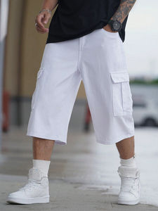 Shorts en jean décontractés pour hommes, coupe droite, 100 % coton, écologiques, respirants, extensibles, lavage à chaud, couleur blanc pur, style baggy - Product Image 6