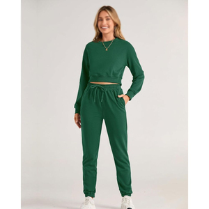 Ensemble de survêtement vert pour femmes, sweat-shirt à col rond à manches longues, pantalon à cordon de serrage, couleur unie, vêtements décontractés d'automne, 100% coton - Product Image 4