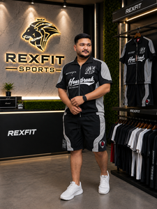 REXFIT SPORTS 2026 Ensemble de survêtement personnalisé pour homme en polyester noir et gris, ensemble de vêtements de sport à manches courtes avec fermeture éclair et broderie - Product Image 3